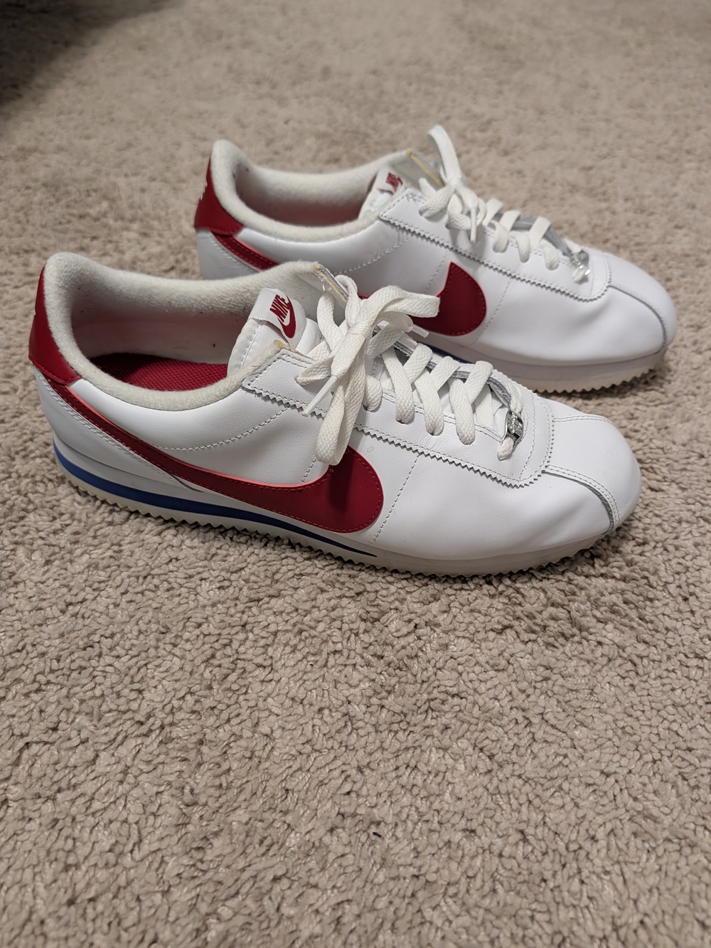 Nike Classic Cortez Sneakers - White with Red Swoosh and Blue Stripe